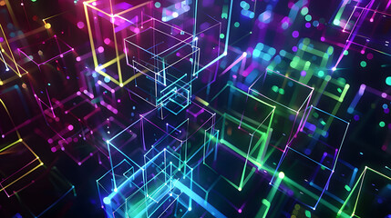 Abstract digital background with glowing holographic cubes and lines in blue, green, and purple colors on a dark black background