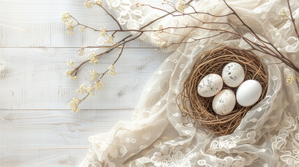 easter egg in a nest white cloth and background