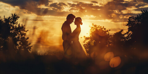 Obraz premium Silhouette of a newlywed in love hugging in a field at sunset