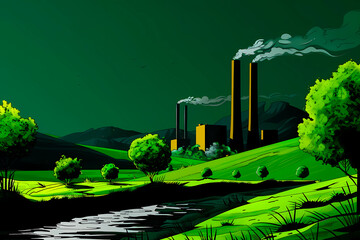 A serene 2D illustration depicting smoke stacks in a green industrial landscape, subtly critiquing the continuous ecological impact of human industries