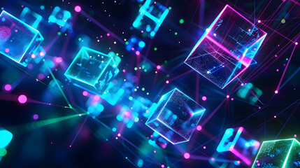 Abstract digital background with glowing holographic cubes and lines in blue, green, and purple colors on a dark black background