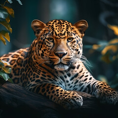 A Majestic leopard resting on tree branch in natural habitat with sharp gaze