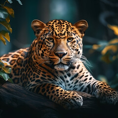 Obraz premium A Majestic leopard resting on tree branch in natural habitat with sharp gaze