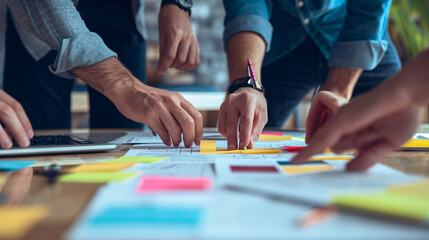 Close-up of hands working together on a project timeline and task list, highlighting the tangible and collaborative nature of project accountability