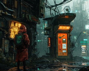 The image is a concept art of a cyberpunk city