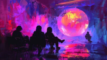 The image is about a group of astronauts on a distant planet. They are looking at a large, glowing orb. The planet is covered in a strange, colorful mist.