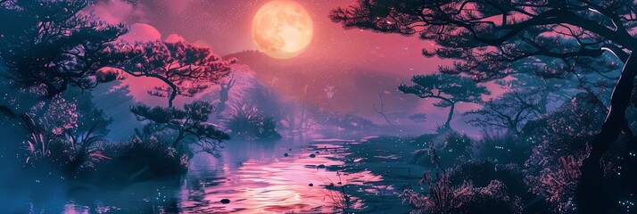 a serene lake surrounded by trees, with a full moon shining in the background