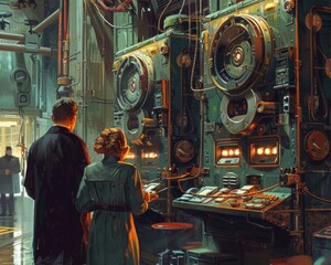 The image shows a man and a woman in aampunk style clothing standing in a room with large machinery.