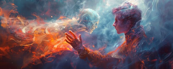 The image shows a man and woman in a colorful, smoky, fiery setting.