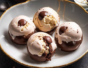 Fototapeta premium Ice cream balls in a luxury porcelain dish with gold detail