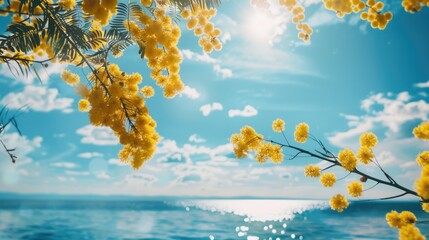 Fototapeta premium A tree with yellow flowers near a body of water. Suitable for nature-themed projects