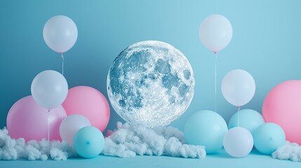 Elevate your decor with a homemade giant moon surrounded by balloons, all on a bold solid color background for a dramatic effect
