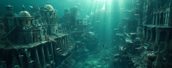 The image shows an ancient city that has been submerged underwater. The city is in ruins, and the buildings are covered in coral and other marine life.