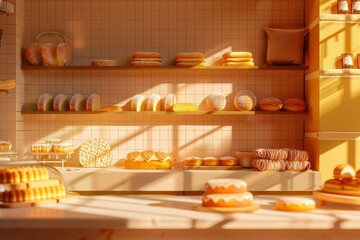 A bakery with a counter full of cakes and pastries