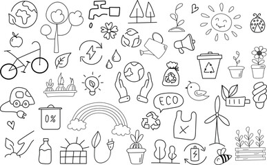 Ecological doodle icons set. Hand drawn doodle elements. Earth on a human hand. Recycling, solar power, wind power, bicycle, tree, sprout. Green, eco concept.