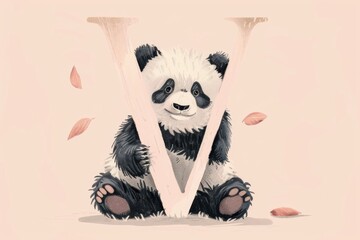 Cute panda bear sitting on a giant letter V, perfect for educational and playful designs