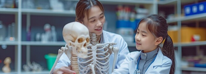 A cute little kid in a laboratory study room is given an explanation of a human fake skeleton hand model by an Asian woman doctor and physiotherapy. Learning