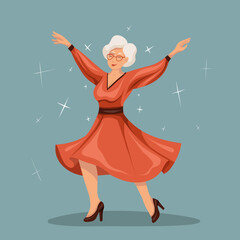 Joyful old lady dancing in a dress. Active aging. Vector flat illustration of happy beautiful senior woman in red dress on blue background with stars.