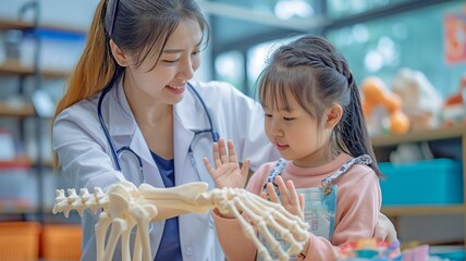 A cute little kid in a laboratory study room is given an explanation of a human fake skeleton hand model by an Asian woman doctor and physiotherapy. Learning