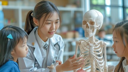 A cute little kid in a laboratory study room is given an explanation of a human fake skeleton hand model by an Asian woman doctor and physiotherapy. Learning