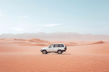 White safari car on sand with copy space