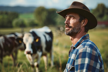 portrait of handsome man farmer with cows