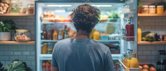 Back of a famished man opening a refrigerator in a modern kitchen, looking inside for food along with juice and condiments