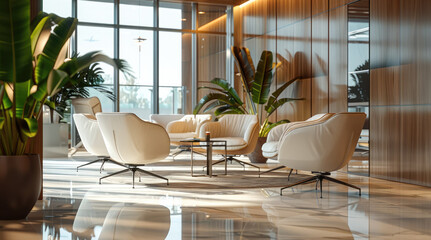 Office rest area, central composition, interior design, chairs, rest area, comfortable and relaxed environment. Generative AI.