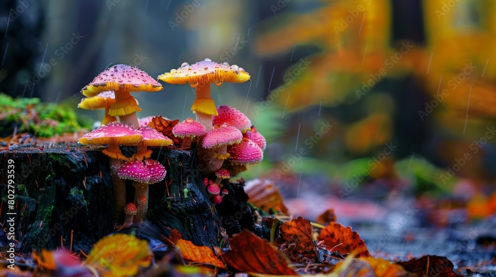 Poster Close-up of colorful mushrooms thriving on the damp surface of a tree stump, adding vibrant splashes of color to the forest floor.