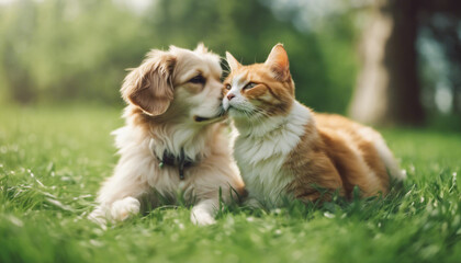 Cute dog and cat lying together on a green grass field nature in a spring sunny background

