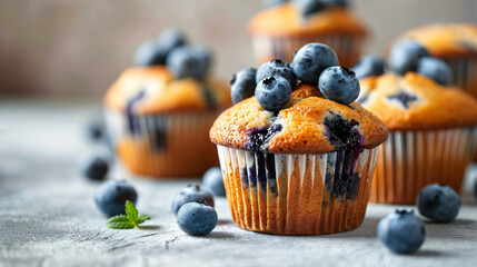 Tasty blueberry muffins on light background closeup