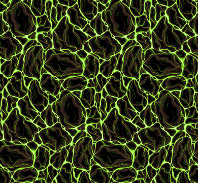 Vector seamless paranormal pattern of green flowing ectoplasm with stones. Plasma with molten rock. Cyber eruption. Texture for fabrics, wrapping paper and wallpaper