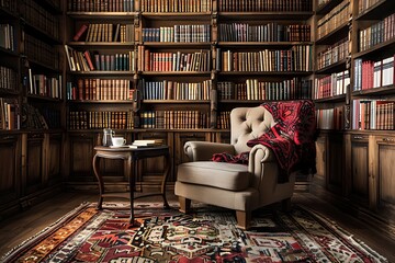 A library alcove with floor-to-ceiling bookshelves, a plush reading chair, and a freshly brewed cup...