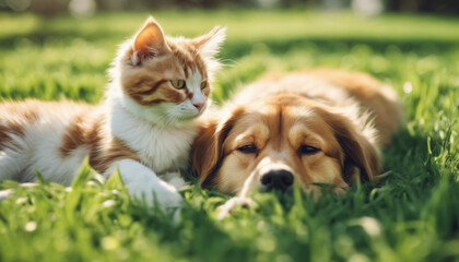 Naklejka na ściany i meble Cute dog and cat lying together on a green grass field nature in a spring sunny background
