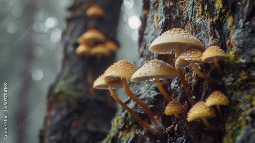 Poster close-up of mushrooms thriving on the bark of a tree, highlighting the fascinating world of fungi in