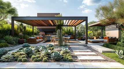 Modern backyard landscape, paver patio, succulent garden beds, pergola, grouping of cacti, grouping of grasses. Generative AI.
