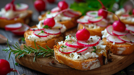 Tasty bruschettas with radish on table closeup