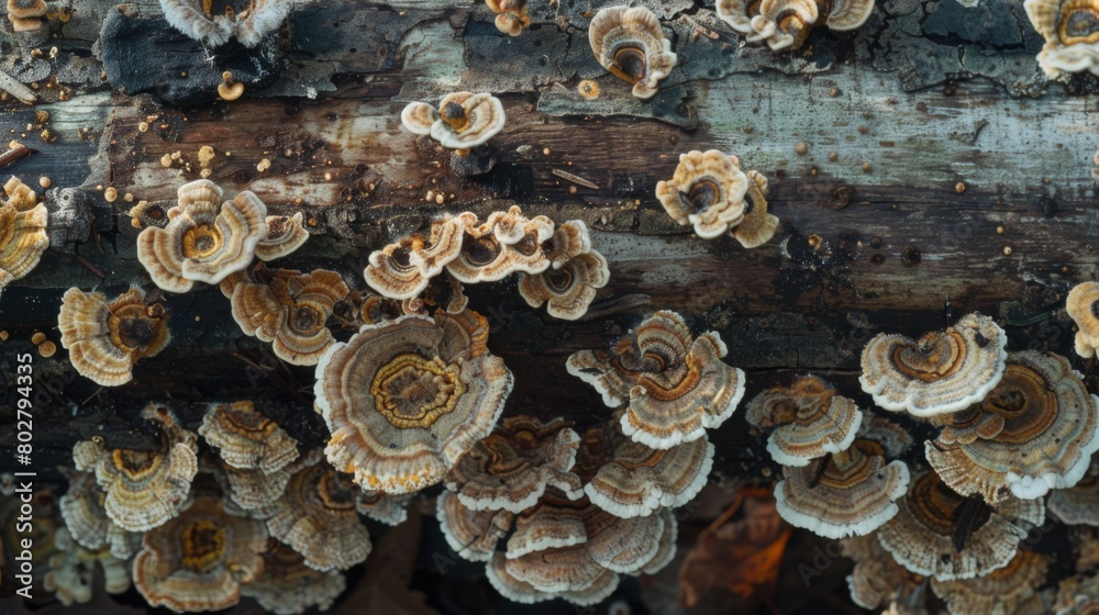 Poster close-up of mushrooms thriving on the damp underside of a fallen log, highlighting the role of fungi