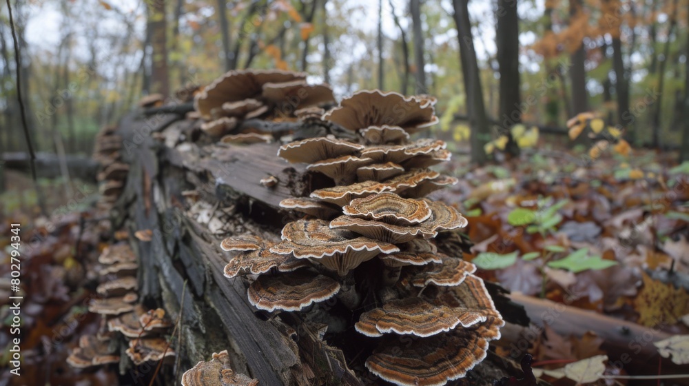 Poster close-up of mushrooms thriving on the damp underside of a fallen log, highlighting the role of fungi