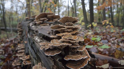 Close-up of mushrooms thriving on the damp underside of a fallen log, highlighting the role of fungi in decomposing organic matter in forests.