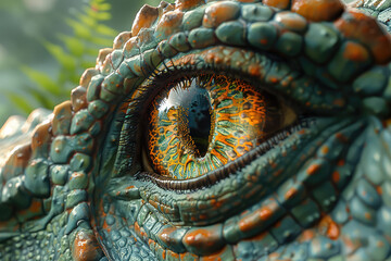 A closeup of the eye and scales of an ancient dinosaur, focusing on its vivid orange hues and intricate patterns. Created with Ai