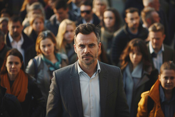 Obraz premium handsome businessman walking in the crowd on the street
