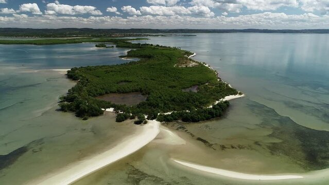 Aerial view of Ponta do Dourado Island, Ba&iacute;a de Todos os Santos - Salinas da Margarida, Bahia, Brazil