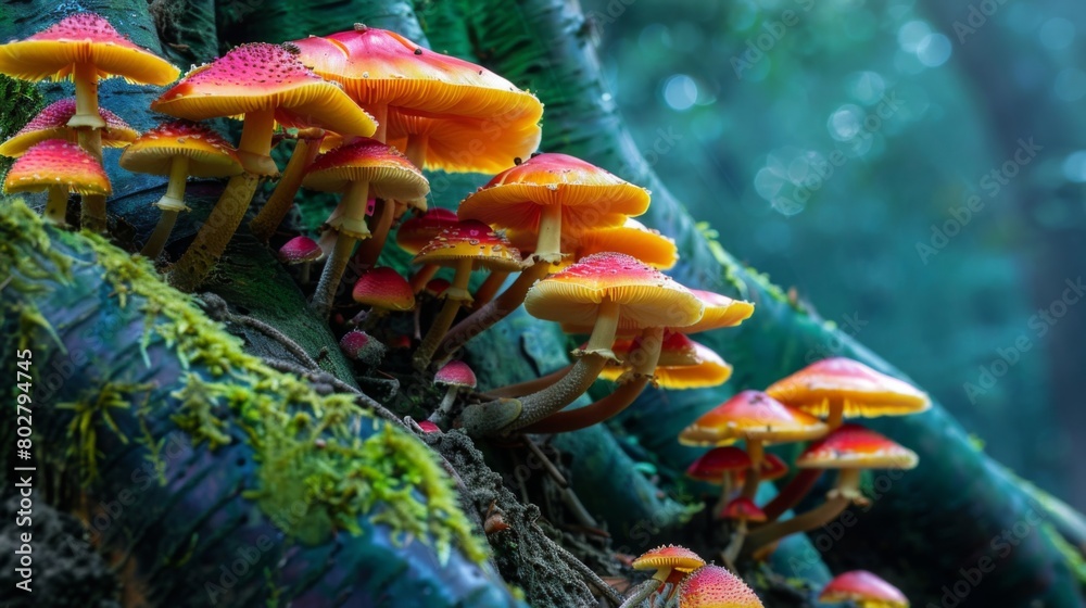 Poster close-up of vibrant mushrooms thriving on the roots of a tree, illustrating the intricate interplay 