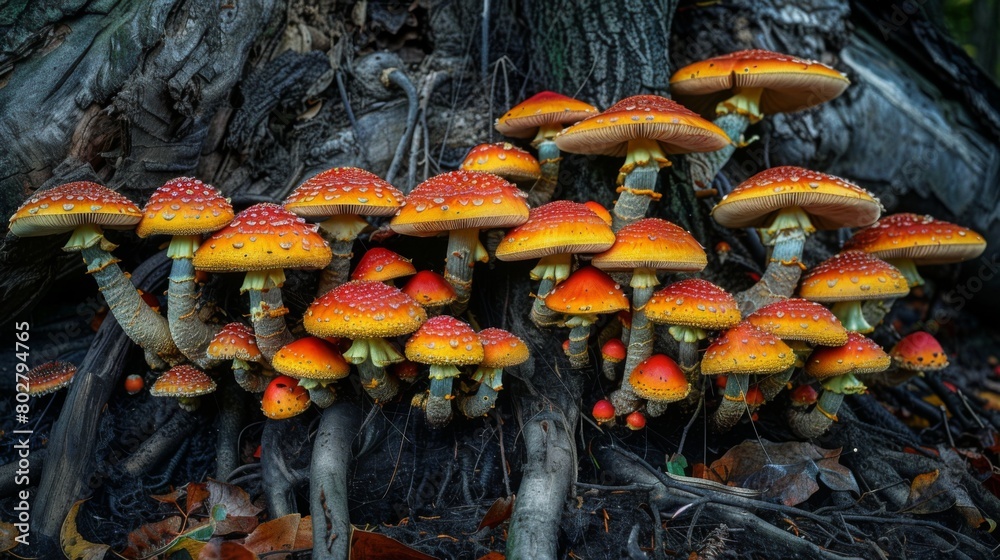 Poster close-up of vibrant mushrooms thriving on the roots of a tree, illustrating the intricate interplay 