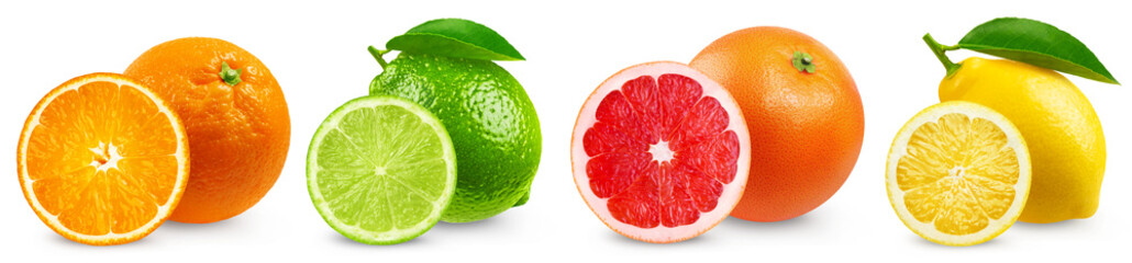 Citrus fruits isolated set. Lemon, lime, orange and grapefruit on a transparent background. Fruit...