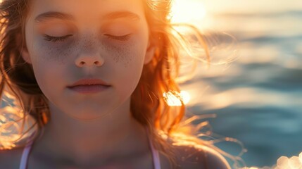 A happy little girl sits on the beach with her eyes closed, feeling the warmth of the sunlight on her face. Her nose wrinkles in a smile as she listens to the water and feels the breeze in her hair