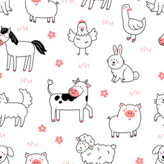Seamless pattern with cute farm animals in doodle style. Illustration of a background with animals. © Ekaterina Chemakina