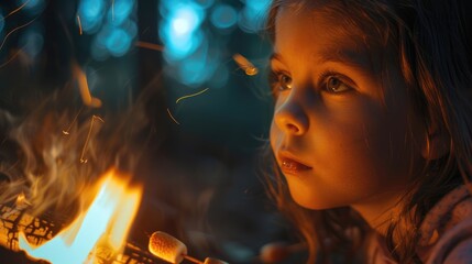 A young girl is enjoying the warmth and fun of sitting by the fire in the darkness of the night. The flickering flames cast a glow on her flesh as she watches the midnight event unfold AIG50