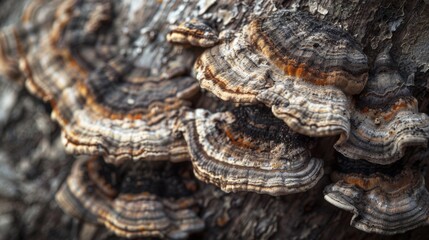 Macro image of intricate mushroom formations on the surface of a tree trunk, revealing the delicate patterns and textures of fungal growth.